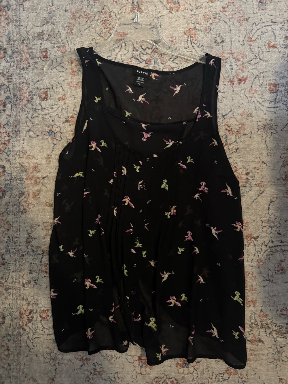 torrid Black Sleeveless Camisole with Pink & Green Bird (Hummingbird) Print